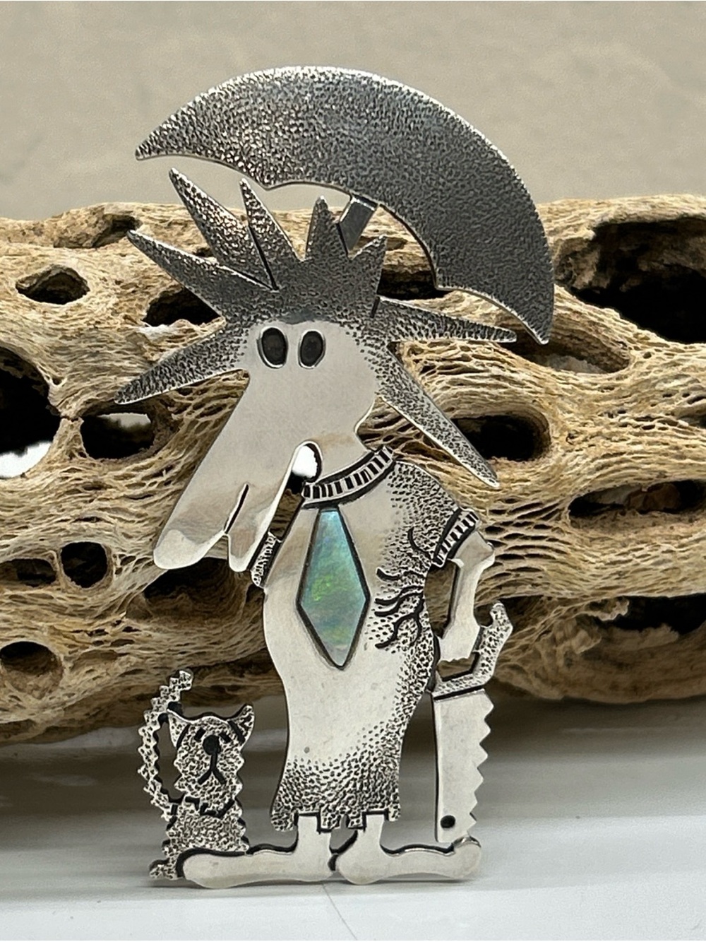 Whimsical Figural Pin Sterling Silver + Fire Opal Dog AZ Navajo Darrell Jumbo